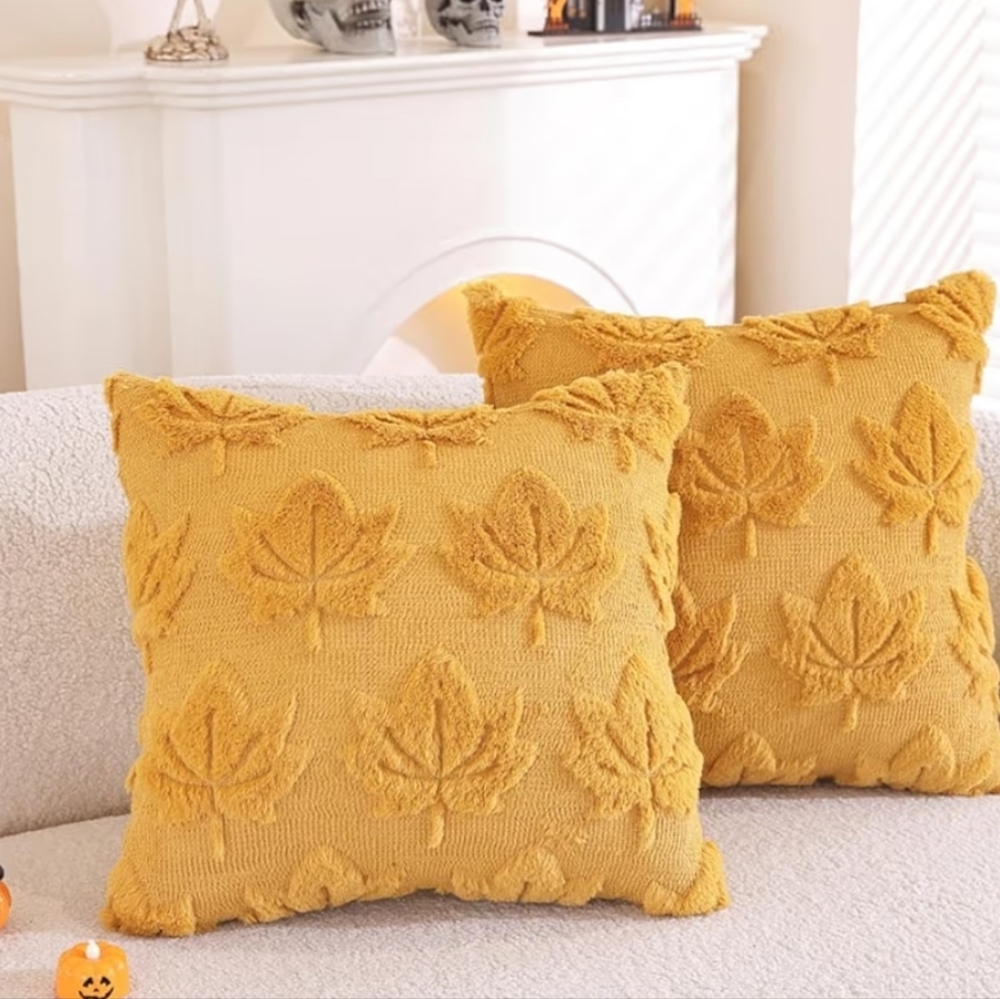 Textured Leaf Knit Throw Pillowcase - Mustard Yellow (Set of 2) Fits 18x18